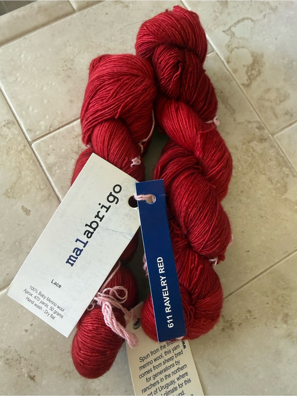 Malabrigo Lace Yarn in Ravelry Red - Soft Hand-Dyed Skeins 2 Hanks